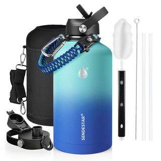 SENDESTAR Water Bottle 32oz Double Wall Vacuum Insulated Leak Proof Stainless Steel Sports Water Bottle—Wide Mouth with New Flex Straw Lid & Spout Lid (Deep Blue&Black)