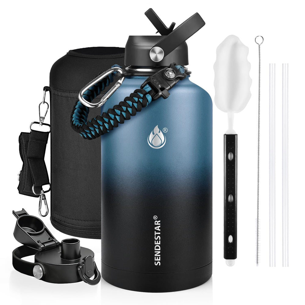 SENDESTAR Water Bottle 32oz Double Wall Vacuum Insulated Leak Proof Stainless Steel Sports Water Bottle—Wide Mouth with New Flex Straw Lid & Spout Lid (Deep Blue&Black)