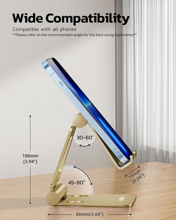 Nulaxy Dual Folding Cell Phone Stand, Fully Adjustable Foldable Desktop Phone Holder Cradle Dock Compatible with iPhone 17 16 15 14 13 12 11 Pro Xs Xs Max Xr X 8, Nintendo Switch, All Phones - Gold - hover image