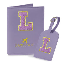COSHAYSOO Purple Passport Cover Holder and Initial Luggage Tag Set TSA Approved with Personalized Monogram Chenille Letter Patch for Women Teen Girls, Cute Travel Bag Suitcase Identifier (A)