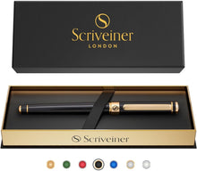 Scriveiner Black Lacquer Rollerball Pen - Stunning Luxury Pen, Real Gold Plating, Schmidt Ink Refill, Best Roller Ball Gift Set for Men & Women, Professional, Executive Office, Nice Pens