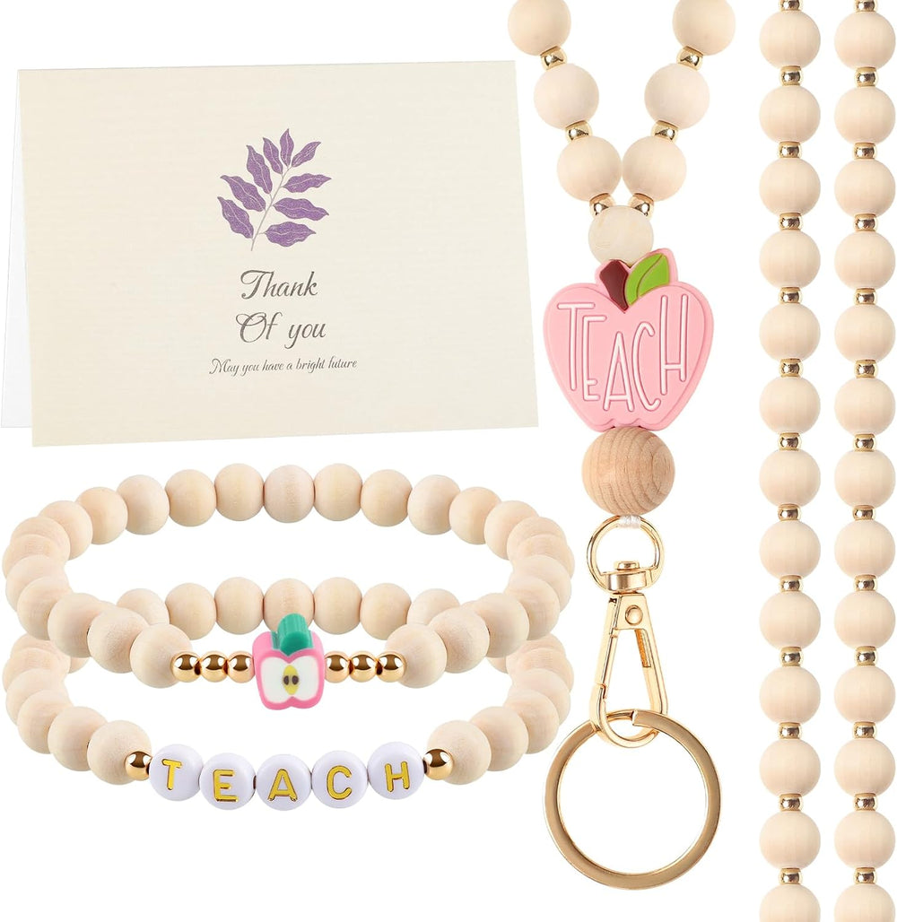 BESARME Teacher Appreciation Gifts, Teacher Gifts Teachers Bracelet with Wooden Beaded Teacher Lanyard Thank You Cards for Women