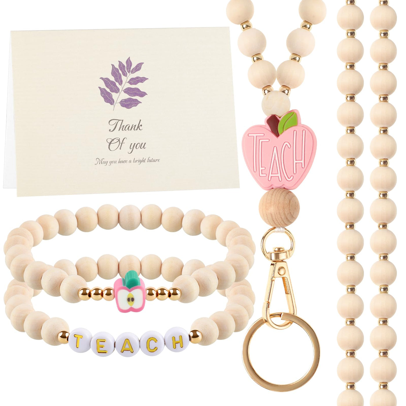 BESARME Teacher Appreciation Gifts, Teacher Gifts Teachers Bracelet with Wooden Beaded Teacher Lanyard Thank You Cards for Women