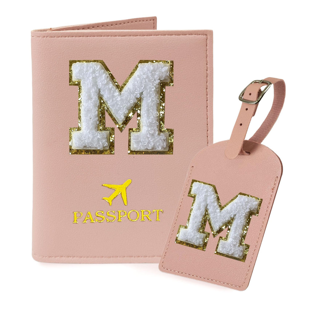 COSHAYSOO Purple Passport Cover Holder and Initial Luggage Tag Set TSA Approved with Personalized Monogram Chenille Letter Patch for Women Teen Girls, Cute Travel Bag Suitcase Identifier (A)