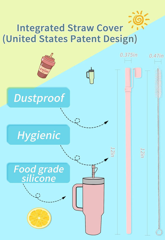 Reusable Replacement 12 inch Long Silicone Straw With Cover, Stocking Stuffers Gifts for Women Men Teens Girls Boys, Compatible with Stanley Tumbler Cup Accessorie 40 oz 30 oz (6 Pack) - hover image