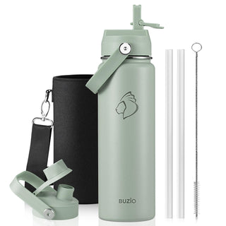 BUZIO 40oz Insulated Water Bottle, Triple Wall Vacuum Stainless Steel Water Flask with 2 lids, Lead-Free BPA-Free Straw Lid Sports Canteen Jug, Cold 48H & Hot 24H- Black
