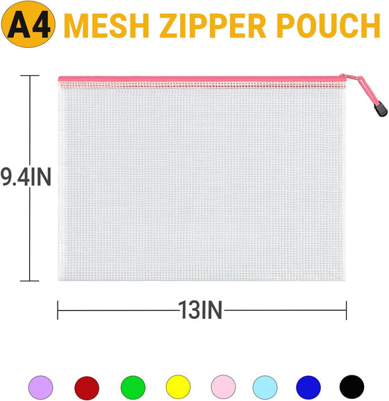 Mesh Zipper Pouch Bags, A4 Letter Size, 24 Pack 8 Colors Mesh Bags, Waterproof Document Zipper Pouches for Office School Supplies, Toys, Cosmetics Travel Storage(13''×9.5'') - hover image