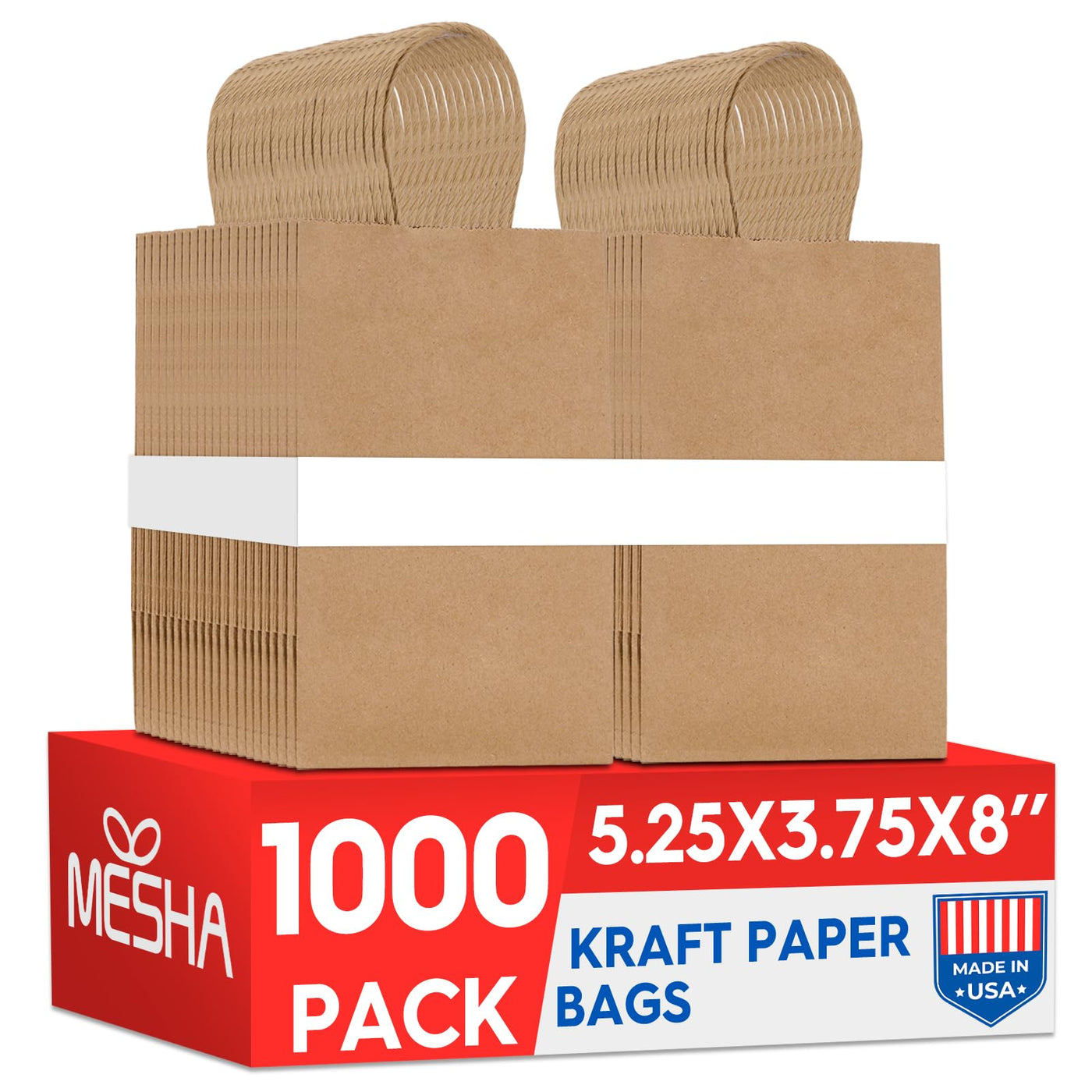 MESHA Brown Paper Bags 8x4.25x10.5 Inch 20Pcs, Paper Bags with Handles, Sturdy Brown Gift Bags for Retail, Birthday Party Favors, Shopping, Small Business (Made in USA)