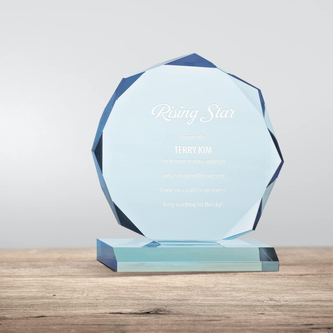 Engraved Trophy - Sky Blue Acrylic - Award for Employees - Personalized Engraving Up to Three Lines and Pre-Written Verse Selection