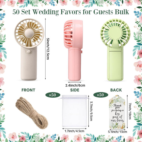 50 Set Wedding Mini Handheld Fans for Guests Bulk, Portable Battery Operated Small Cooling Fans with Thank You Cards & Organza Bags, Perfect for Summer Outdoor Bridal Shower Party Favors (Color) - hover image
