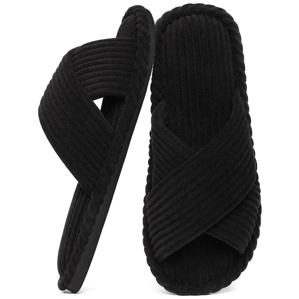 Evshine House Slippers for Women Memory Foam Bedroom Slippers Corduroy Open Toe Slides Shoes Indoor and Outdoor