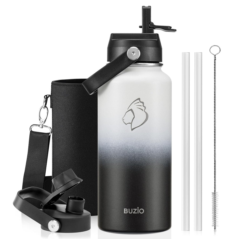 BUZIO 40oz Insulated Water Bottle, Triple Wall Vacuum Stainless Steel Water Flask with 2 lids, Lead-Free BPA-Free Straw Lid Sports Canteen Jug, Cold 48H & Hot 24H- Black