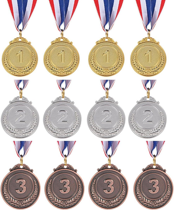 12 Pieces Gold Silver Bronze Metal Award Medals - 1st 2nd 3rd Place Winner Prizes for Sports, Competitions, Party Favors & Decorations, Olympic Style, 2 Inches ﻿