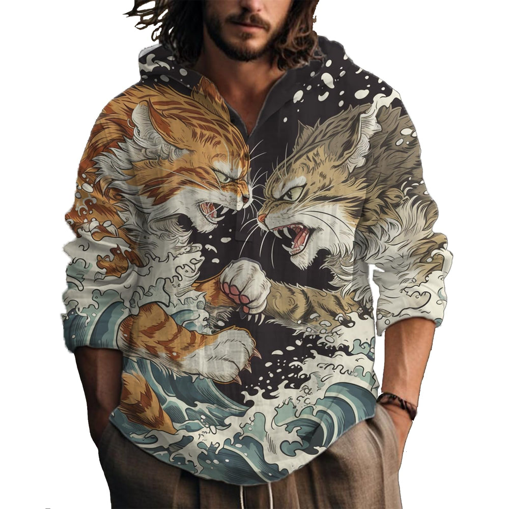 MARSVOVO Hooded Long Sleeve Shirt Men Fashion Graphic Button Up Lightweight Big and Tall Casual Vacation Shirts for Men