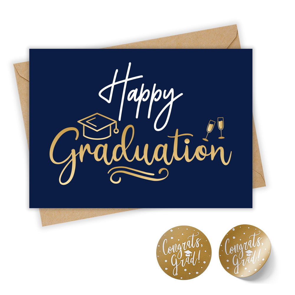 Paper Play Elegant Graduation Card with Pre-Printed Message – Navy Blue & Gold Foil Design – Inspirational Greeting Card for Graduates – Perfect for High School, College, University
