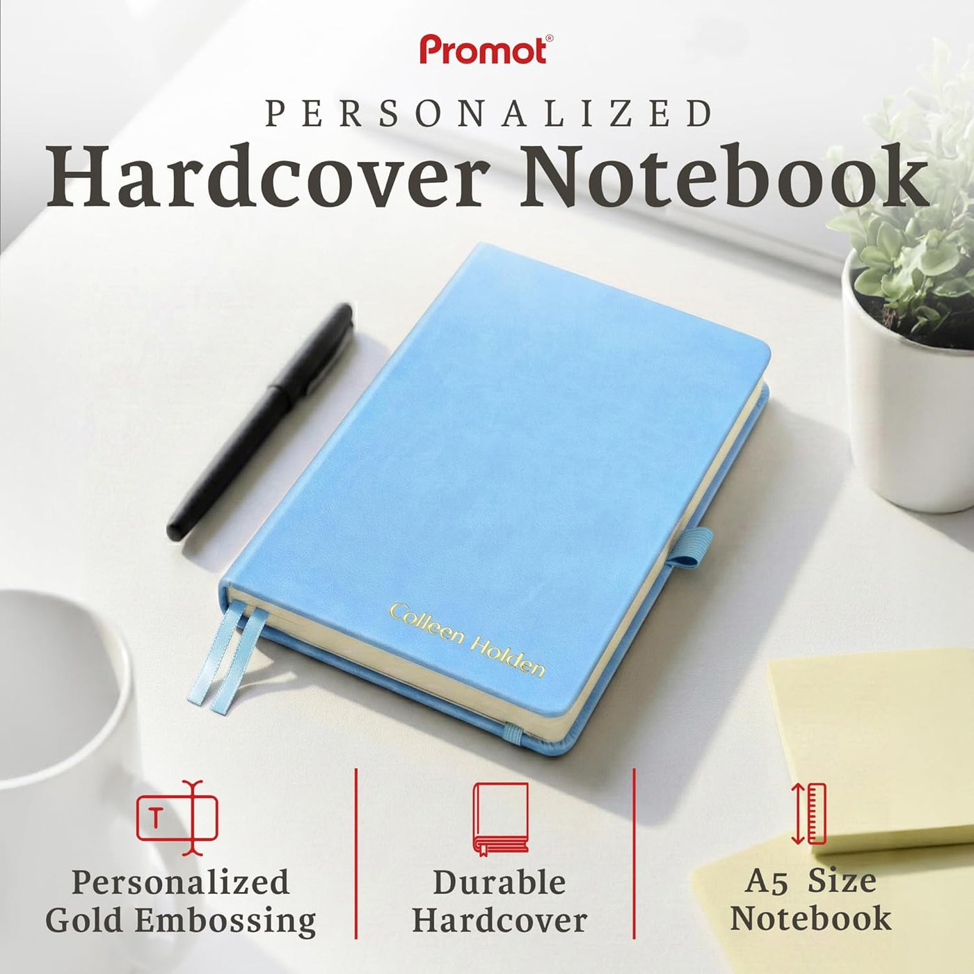 Promot Ruled Journal Notebook - Custom Embossed Text with Gold Metallic Foil - A5 Sky Blue 192 Lined Pages 8.2 x 5.5 Inch, 100 GSM, Pen Loop, Inner Pocket, Elastic Band, PU Leather Hardcover