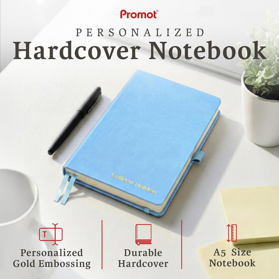 Promot Ruled Journal Notebook - Custom Embossed Text with Gold Metallic Foil - A5 Sky Blue 192 Lined Pages 8.2 x 5.5 Inch, 100 GSM, Pen Loop, Inner Pocket, Elastic Band, PU Leather Hardcover - hover image