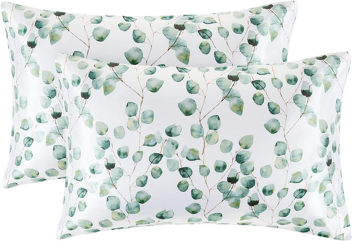 EXQ Home Silky Satin Pillowcase for Hair and Skin,Printed Pillow Cases Standard Size Set of 2 Satin Pillow Case 2 Pack with Envelope Closure(Ink Leaf, 20x26)