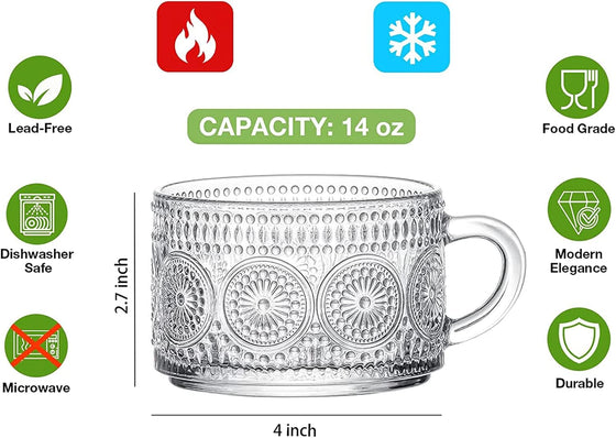Mfacoy Vintage Coffee Mugs Set of 2, 14 oz Embossed Glass Cups with Handle, Clear Cups for Cappuccino, Latte, Cereal, Yogurt, Milk, Hot or Cold Beverages - hover image
