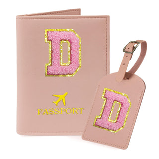 COSHAYSOO Purple Passport Cover Holder and Initial Luggage Tag Set TSA Approved with Personalized Monogram Chenille Letter Patch for Women Teen Girls, Cute Travel Bag Suitcase Identifier (A)
