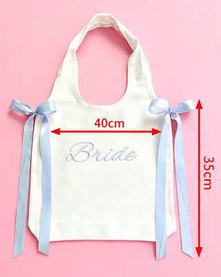 White Canvas Bride Tote Bag with Blue Satin Bows - Large Bridal Shower Gift Bag, Bachelorette Party Favor, Wedding Day Tote for Bride to Be & Bridesmaids