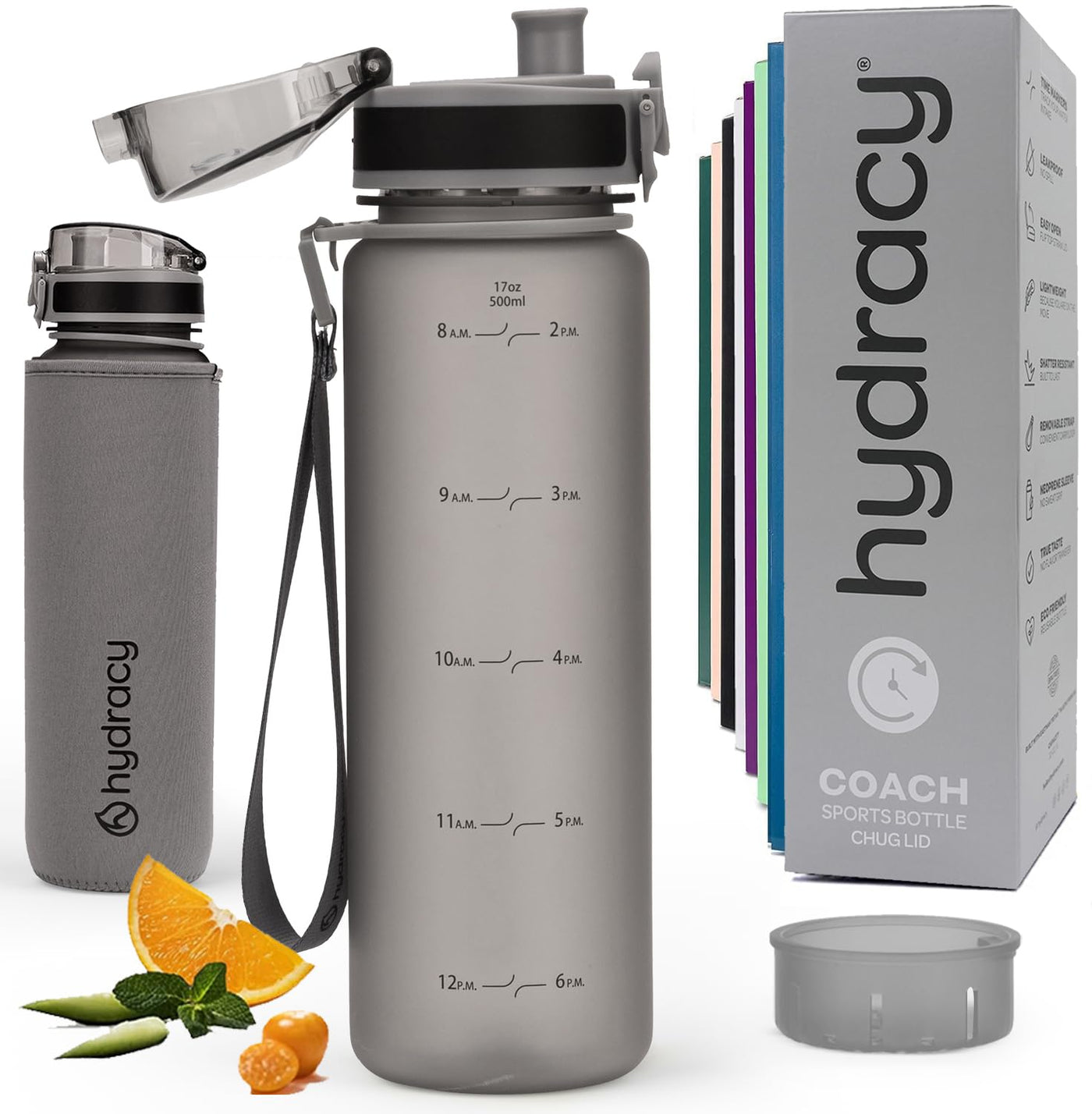 Hydracy Water Bottle with Time Marker -Large BPA Free Water Bottle & No Sweat Sleeve -Leak Proof Gym Bottle with Times to Drink - Ideal for Fitness Sports & Outdoors