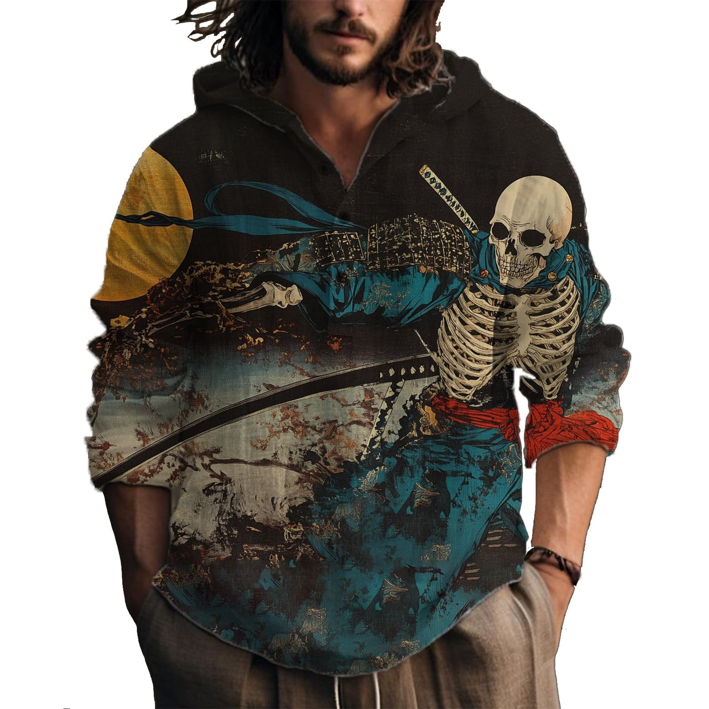 MARSVOVO Hooded Long Sleeve Shirt Men Fashion Graphic Button Up Lightweight Big and Tall Casual Vacation Shirts for Men