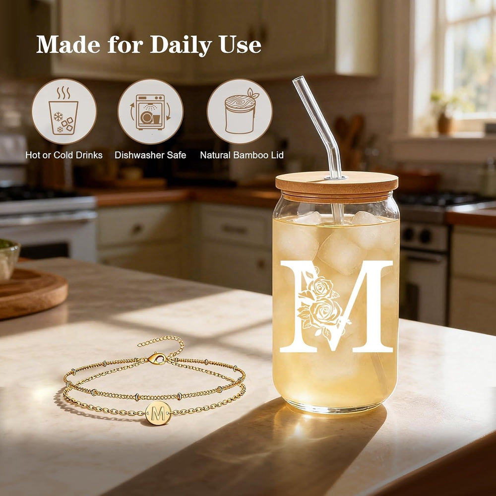 Sister Gifts for Women, Initial Glass Cup and Bracelet Gift Set, Personalized Ready to Gift Letter Keepsake for Birthday, Thank You and Just Because