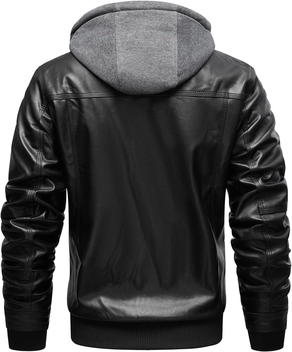 INVACHI Men's Leather Jacket Motorcycle Bomber Jacket Windproof PU Vintage Jacket with Removable Hood