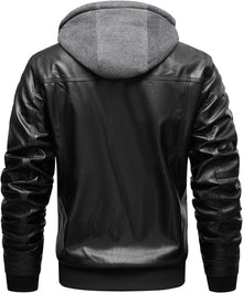 INVACHI Men's Leather Jacket Motorcycle Bomber Jacket Windproof PU Vintage Jacket with Removable Hood