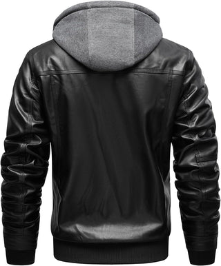 INVACHI Men's Leather Jacket Motorcycle Bomber Jacket Windproof PU Vintage Jacket with Removable Hood