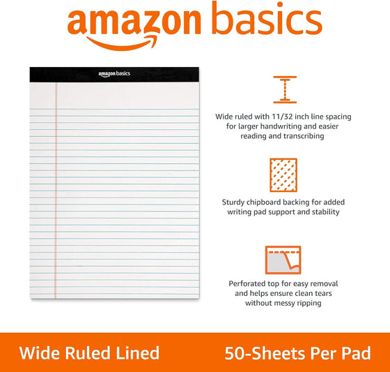 Amazon Basics Wide Ruled Lined Writing Note Pads for Office Supplies, 8.5" x 11.75", White, 12-Pack of 50 Perforated Sheets - hover image