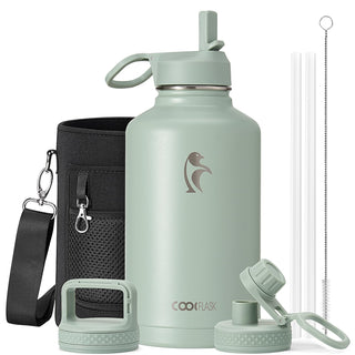 Water Bottle 40 oz Insulated with Straw&Brush, Coolflask Vaccum Stainless Steel Metal 3 Lids Water Flask for Sports, Gym or Office, Keep Cold 48H Hot 24H, Magic Black