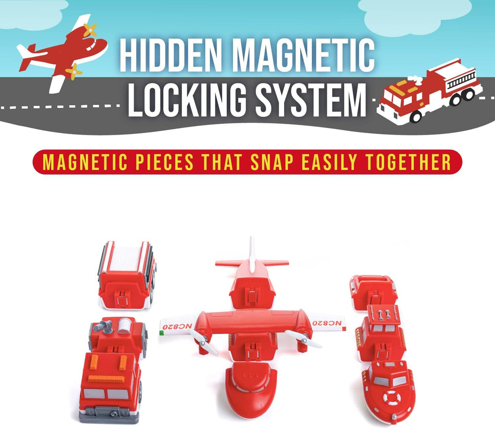 POPULAR PLAYTHINGS Magnetic Vehicles for Toddlers 1-3, Mix or Match Car Toys, Set of 3 Gift for Kids - Vehicles, Fire & Rescue, Red and White