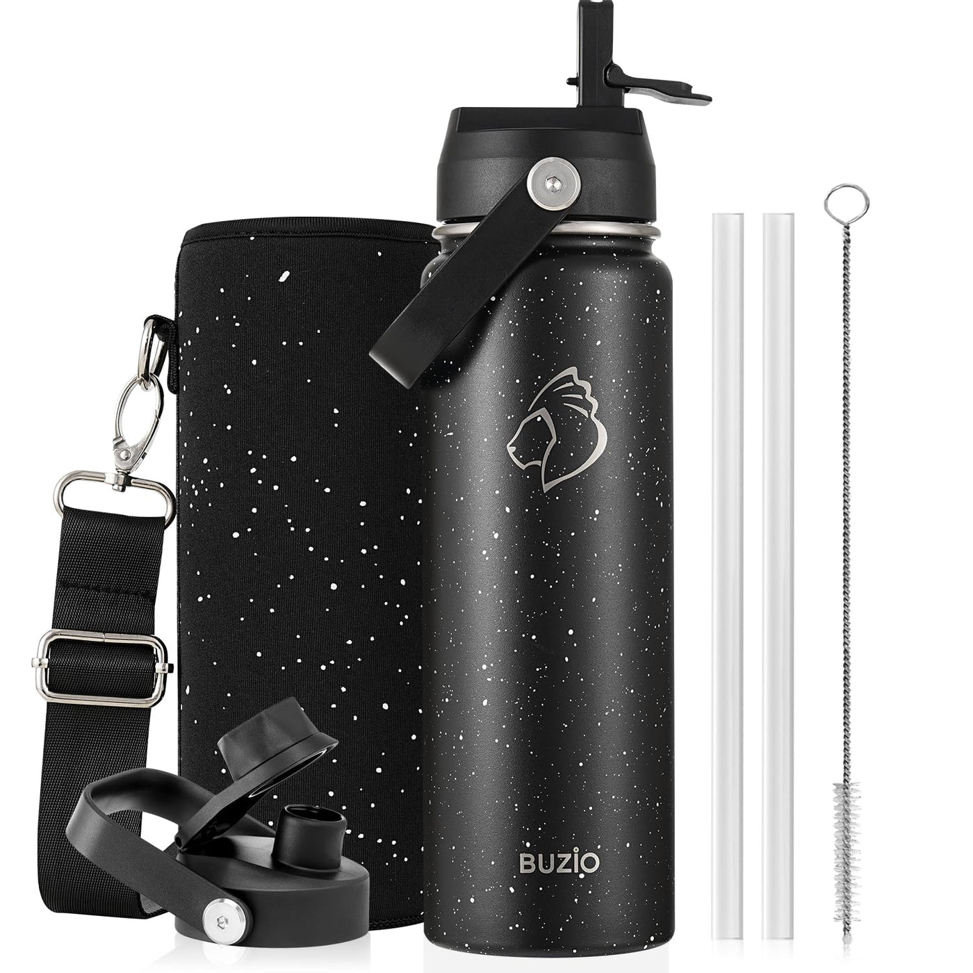 BUZIO 40oz Insulated Water Bottle, Triple Wall Vacuum Stainless Steel Water Flask with 2 lids, Lead-Free BPA-Free Straw Lid Sports Canteen Jug, Cold 48H & Hot 24H- Black