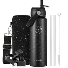 BUZIO 40oz Insulated Water Bottle, Triple Wall Vacuum Stainless Steel Water Flask with 2 lids, Lead-Free BPA-Free Straw Lid Sports Canteen Jug, Cold 48H & Hot 24H- Black