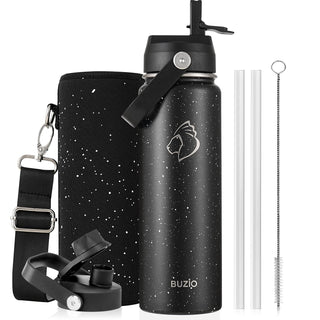BUZIO 40oz Insulated Water Bottle, Triple Wall Vacuum Stainless Steel Water Flask with 2 lids, Lead-Free BPA-Free Straw Lid Sports Canteen Jug, Cold 48H & Hot 24H- Black
