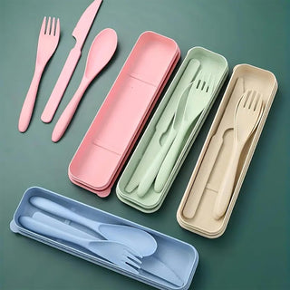 Reusable Wheat Straw Utensil Set 3-in-1 Portable Travel Cutlery Kit with Knife Fork Spoon in Compact Case for Camping and Everyday Use, Green