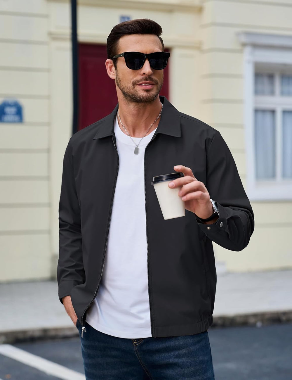 MAGCOMSEN Men's Lightweight Jackets Full Zip Up Light Coat Laydown Collar Jacket Casual Windbreaker Jacket with Zip Pockets
