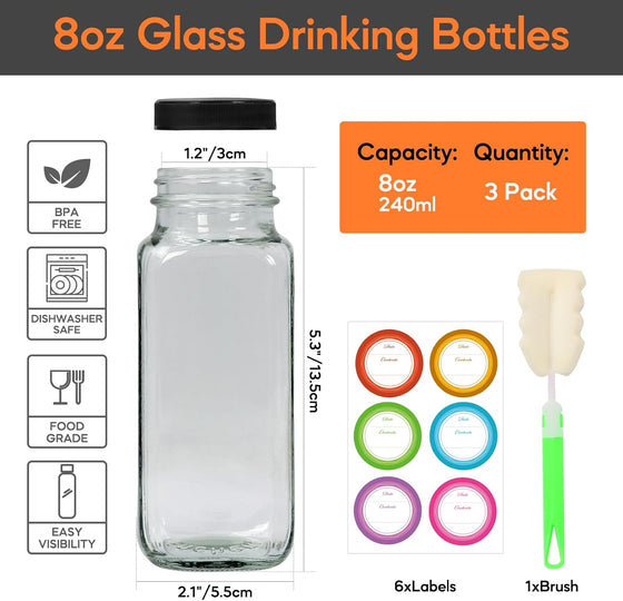 STARSIDE 8 oz 3 Pack Glass Juice Bottles with Lids - Square Reusable Drinking Jars for Juicing, Milk, Kombucha - Includes 1 Bottle Brush, 6 Colored Labels - hover image
