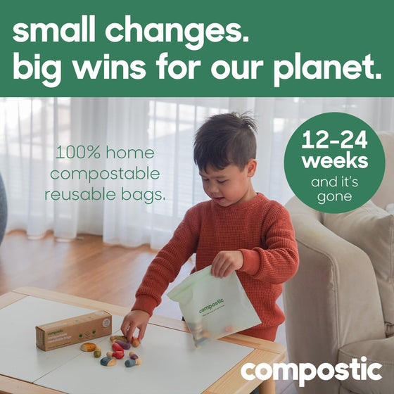 Compostic Compostable Snack Bags, Snack Size (60 Count) Starter Pack — Resealable Zip-Seal, Plant-Based, Home Compostable, Freezer Safe, BPA-Free, Non-Toxic, GMO-Free Food Storage Bags - hover image