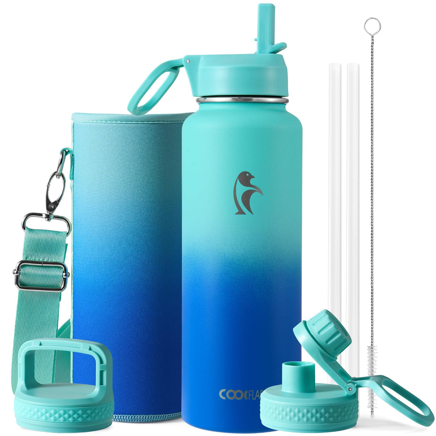 Water Bottle 40 oz Insulated with Straw&Brush, Coolflask Vaccum Stainless Steel Metal 3 Lids Water Flask for Sports, Gym or Office, Keep Cold 48H Hot 24H, Magic Black