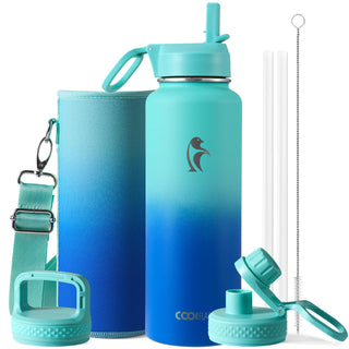 Water Bottle 40 oz Insulated with Straw&Brush, Coolflask Vaccum Stainless Steel Metal 3 Lids Water Flask for Sports, Gym or Office, Keep Cold 48H Hot 24H, Magic Black