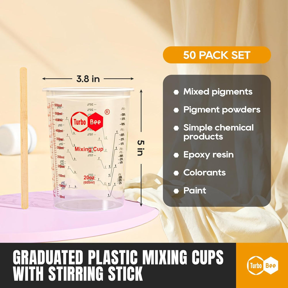 20oz Resin Mixing Cups - [Easy-Separate Design] 50 Pack Graduated PP Plastic Mixing Cups for Epoxy Resin, Paint & Automotive - Includes 50 Stir Sticks, Calibrated Ratios 2:1 3:1 4:1, ML & OZ