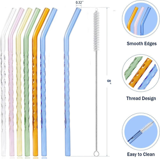 6-Pack Reusable Glass Straws Set, Clear Glass Drinking Straw, Cute Colorful Straws with Cleaning Brush, 8''x8MM - hover image