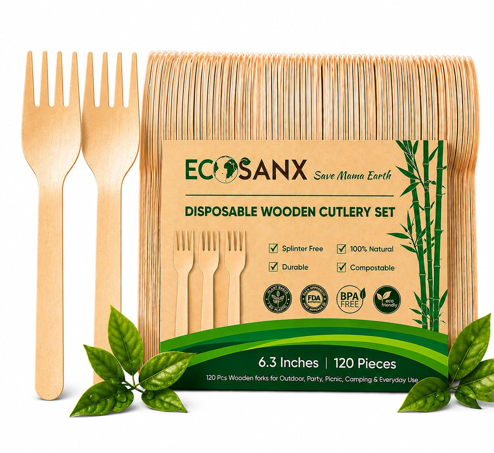 ECOSANX® 120 PCs Disposable Wooden Cutlery set 6.3" Splinter Free Compostable Utensils for party, Eco-Friendly, 100% All-Natural Bamboo Utensils set for picnic, Bamboo cutlery set for Events & More