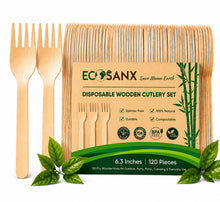 ECOSANX® 120 PCs Disposable Wooden Cutlery set 6.3" Splinter Free Compostable Utensils for party, Eco-Friendly, 100% All-Natural Bamboo Utensils set for picnic, Bamboo cutlery set for Events & More