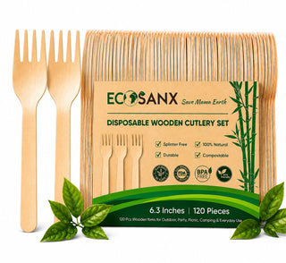 ECOSANX® 120 PCs Disposable Wooden Cutlery set 6.3" Splinter Free Compostable Utensils for party, Eco-Friendly, 100% All-Natural Bamboo Utensils set for picnic, Bamboo cutlery set for Events & More