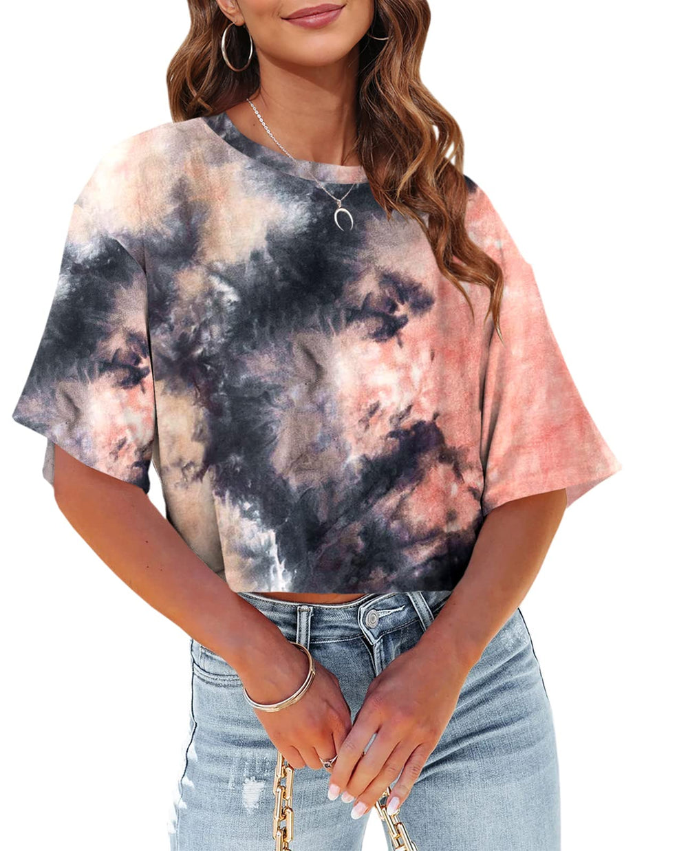 Tankaneo Women Half Sleeve Cropped T-Shirts Drop Shoulder Round Neck Crop Tops Casual Summer Solid Color Basic Tees