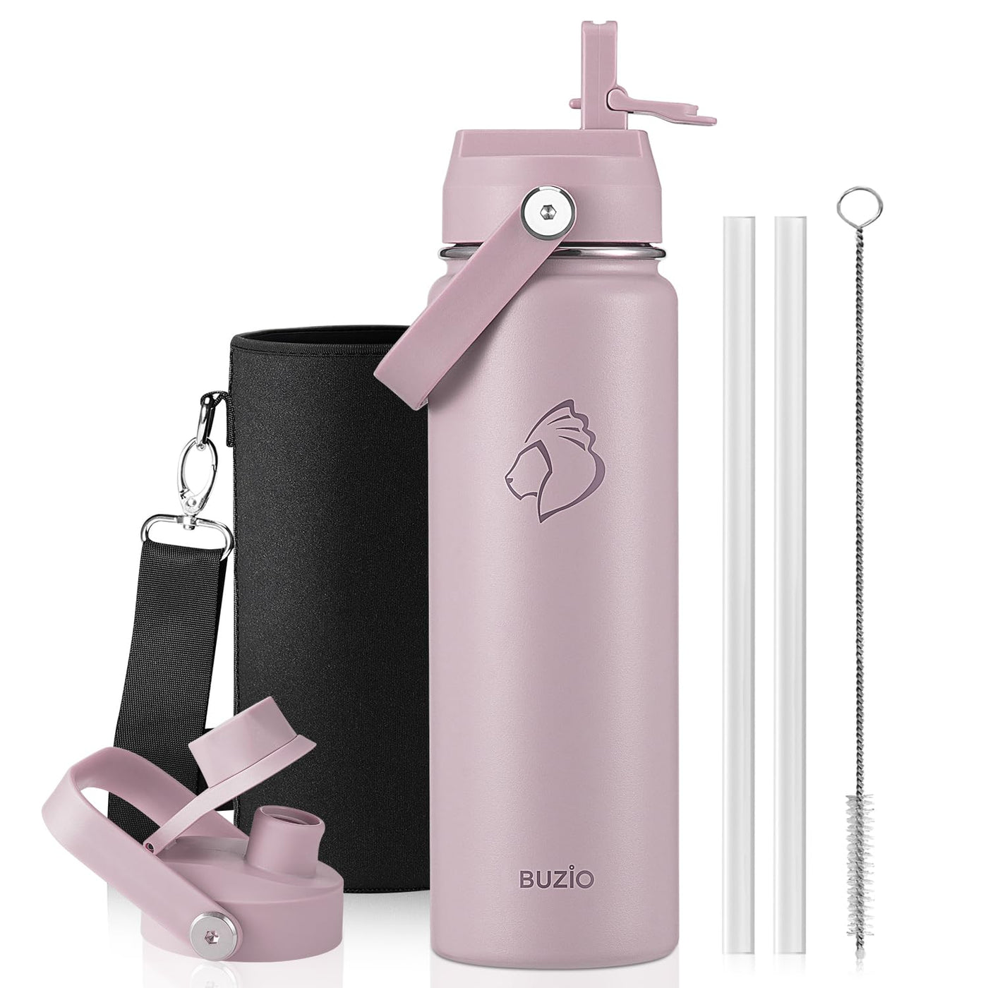 BUZIO 40oz Insulated Water Bottle, Triple Wall Vacuum Stainless Steel Water Flask with 2 lids, Lead-Free BPA-Free Straw Lid Sports Canteen Jug, Cold 48H & Hot 24H- Black